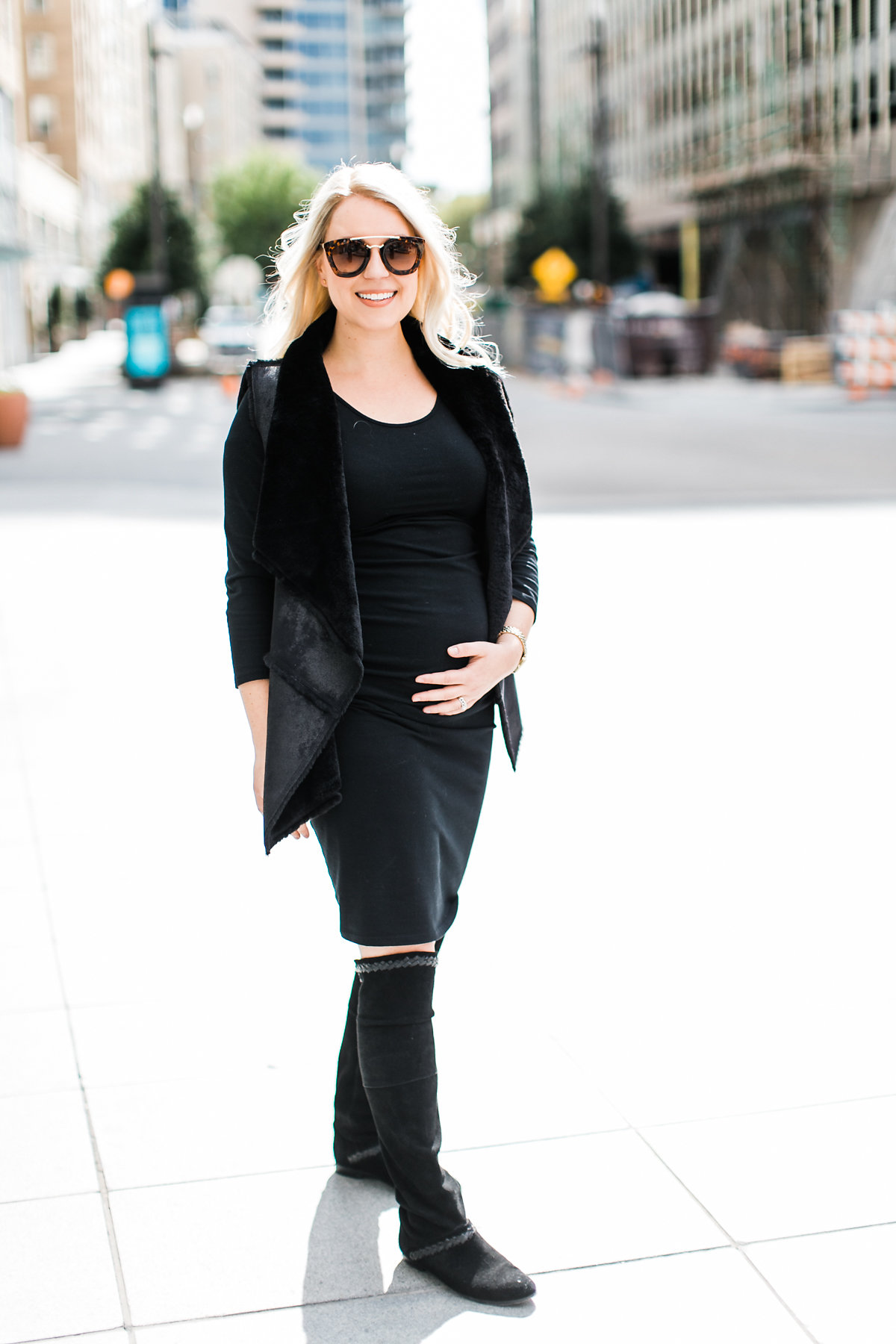 woman wearing dress and jacket from Isabel Maternity for Target